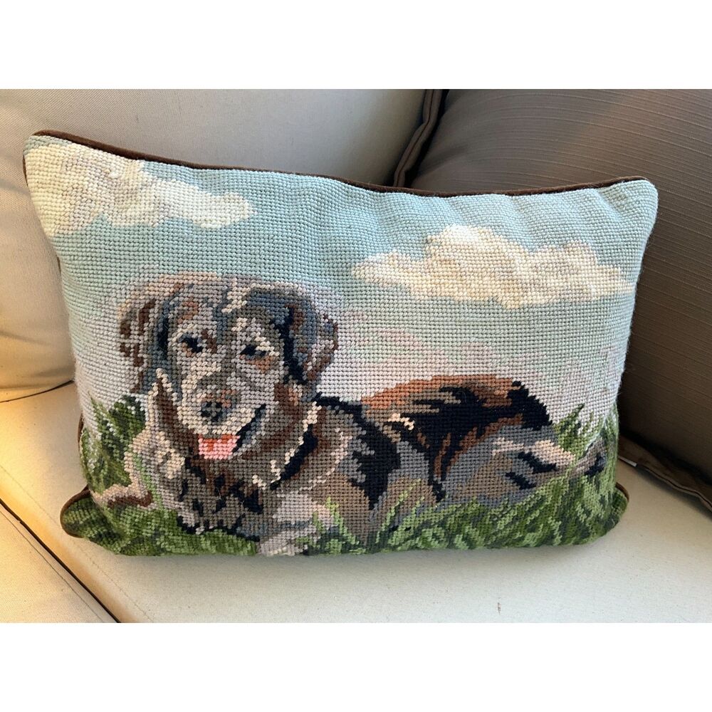 Vintage Grandmacore Needlepoint Pillow Black Lab Labrador Retriever dog